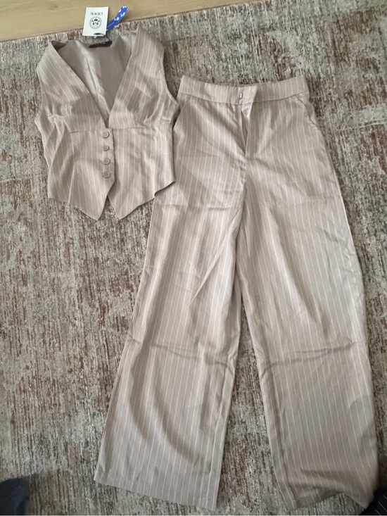 Cider Pants - Cider Beige Pinstripe Wide-Leg Pants with Matching Vest